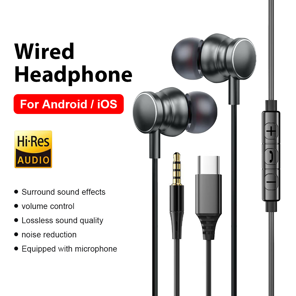 Type C Wired Earphones With Mic - Type C Wired Headphones 3.5mm HiFi