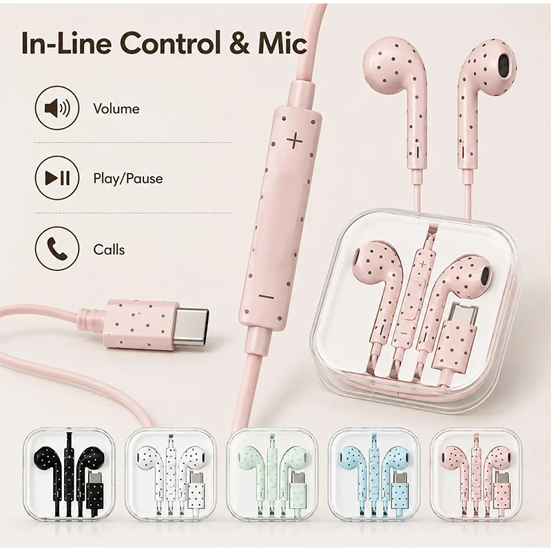 Type C Earphones Polka Dot Sta - Type C Wired Earphones With Mic ulasan dan harga