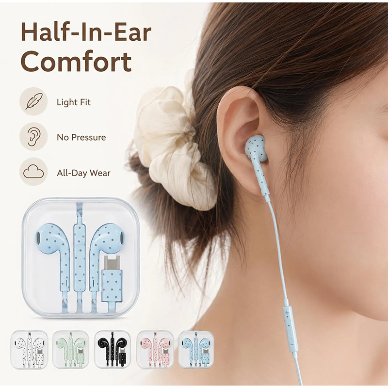 Type C Earphones Polka Dot Sta - Type C Wired Earphones With Mic ulasan dan harga