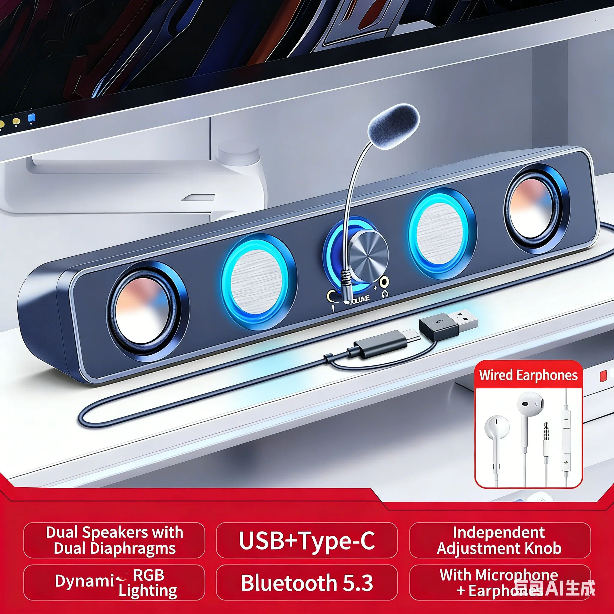 RGB Gaming Soundbar 2.0 Surrou - Rgb Computer Soundbar For Pc ulasan dan harga